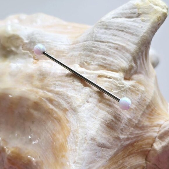 14G White Fire Opal balls 5mm Titanium industrial barbell - internally threaded - Picture 3 of 3